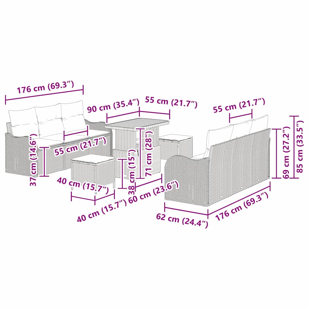 Sjedeća garnitura za vrt s jastukom 9 pcs Bež i svijetlo siva