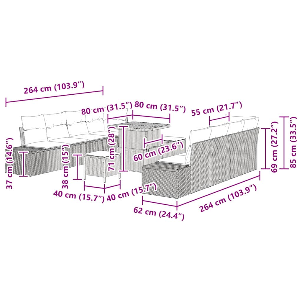 Sjedeća garnitura za vrt s jastukom 11 pcs Crna Poli ratan