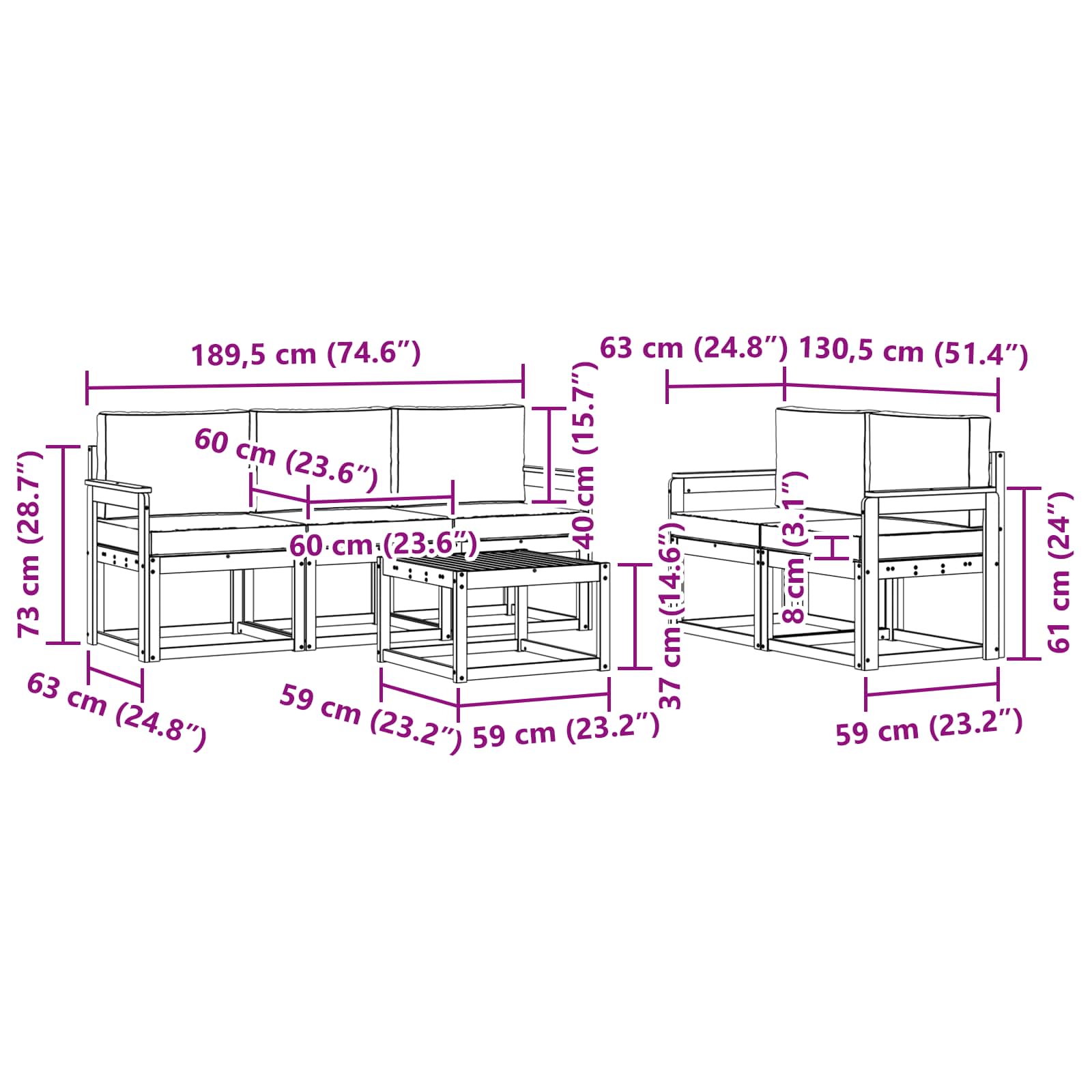 Set vanjskih sofa s jastukom 6 pcs Prirodna i svijetlo siva