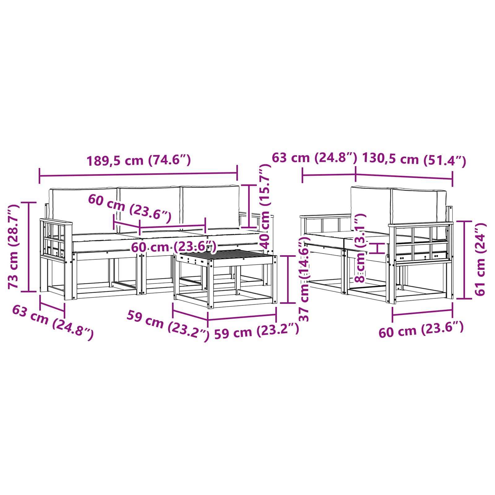Set vanjskih sofa s jastukom 6 pcs Prirodna i svijetlo siva