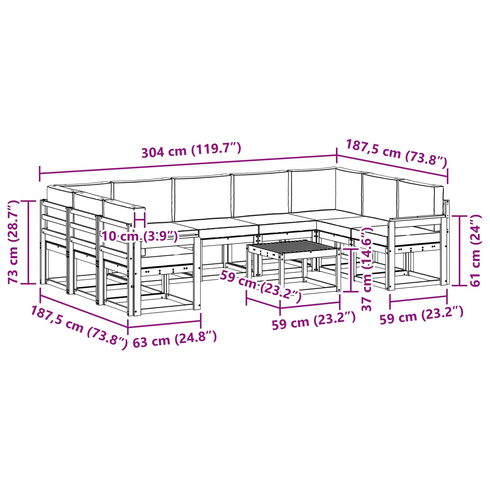 Set vanjskih sofa 10 pcs Prirodna Čvrsto drvo akacije