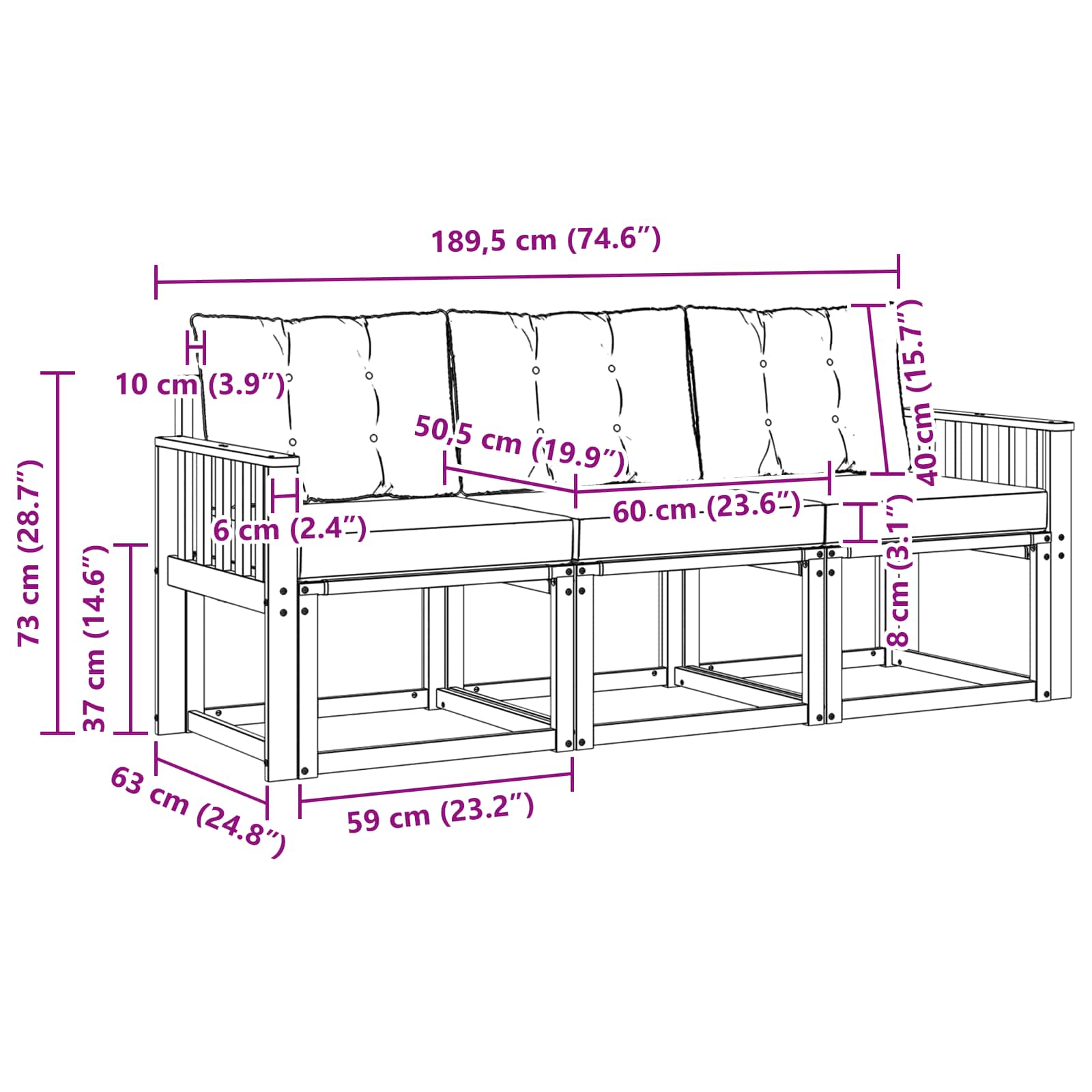 Set vanjskih sofa s jastukom 3 pcs Prirodna i crna
