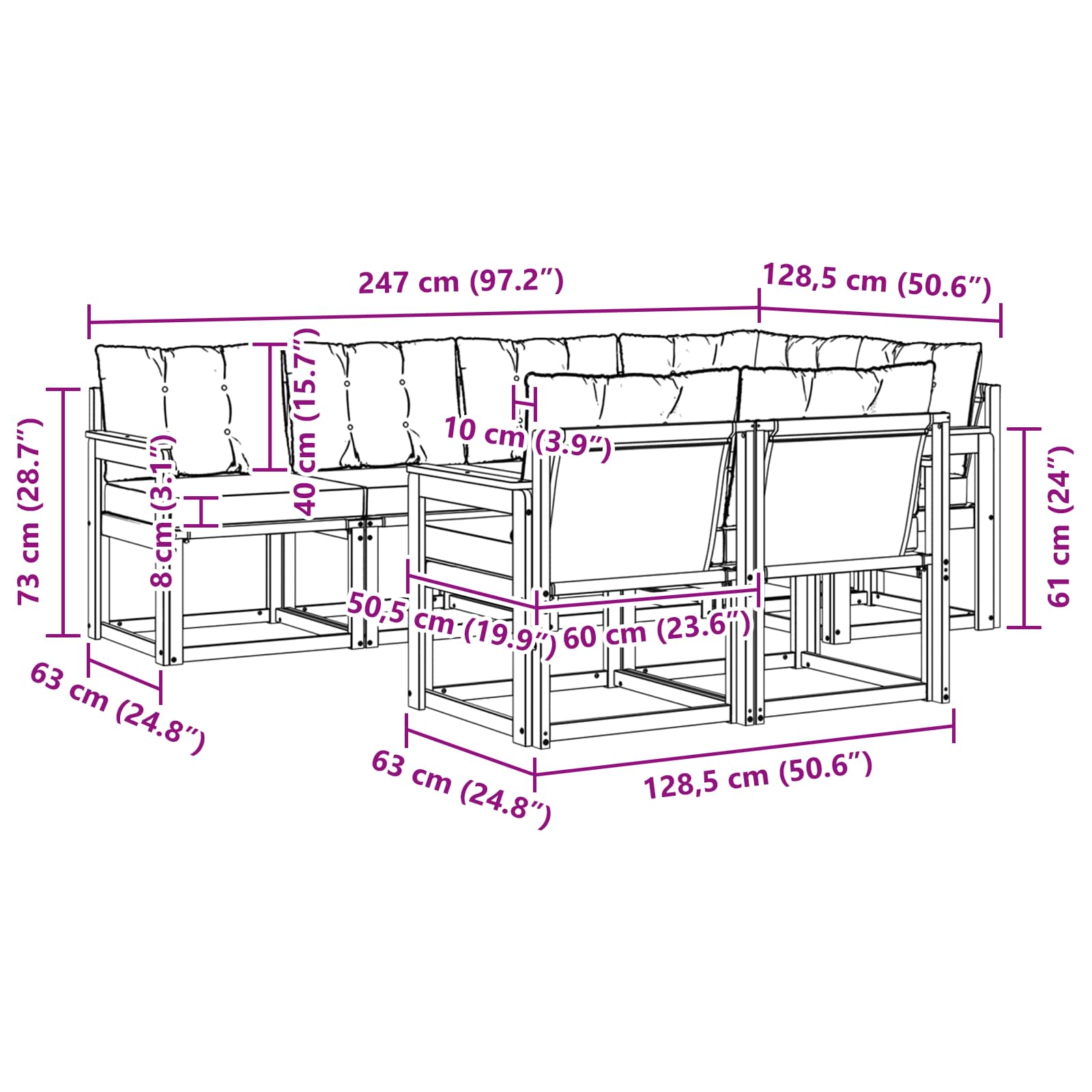 Set vanjskih sofa s jastukom 7 pcs Prirodna i crna