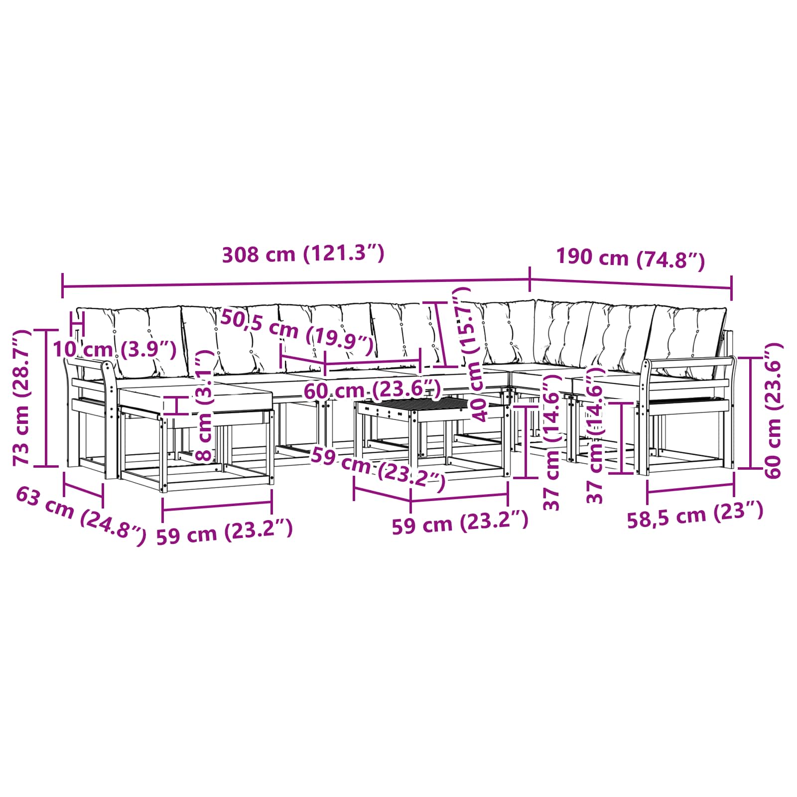Set vanjskih sofa s jastukom 9 pcs Prirodna i crna