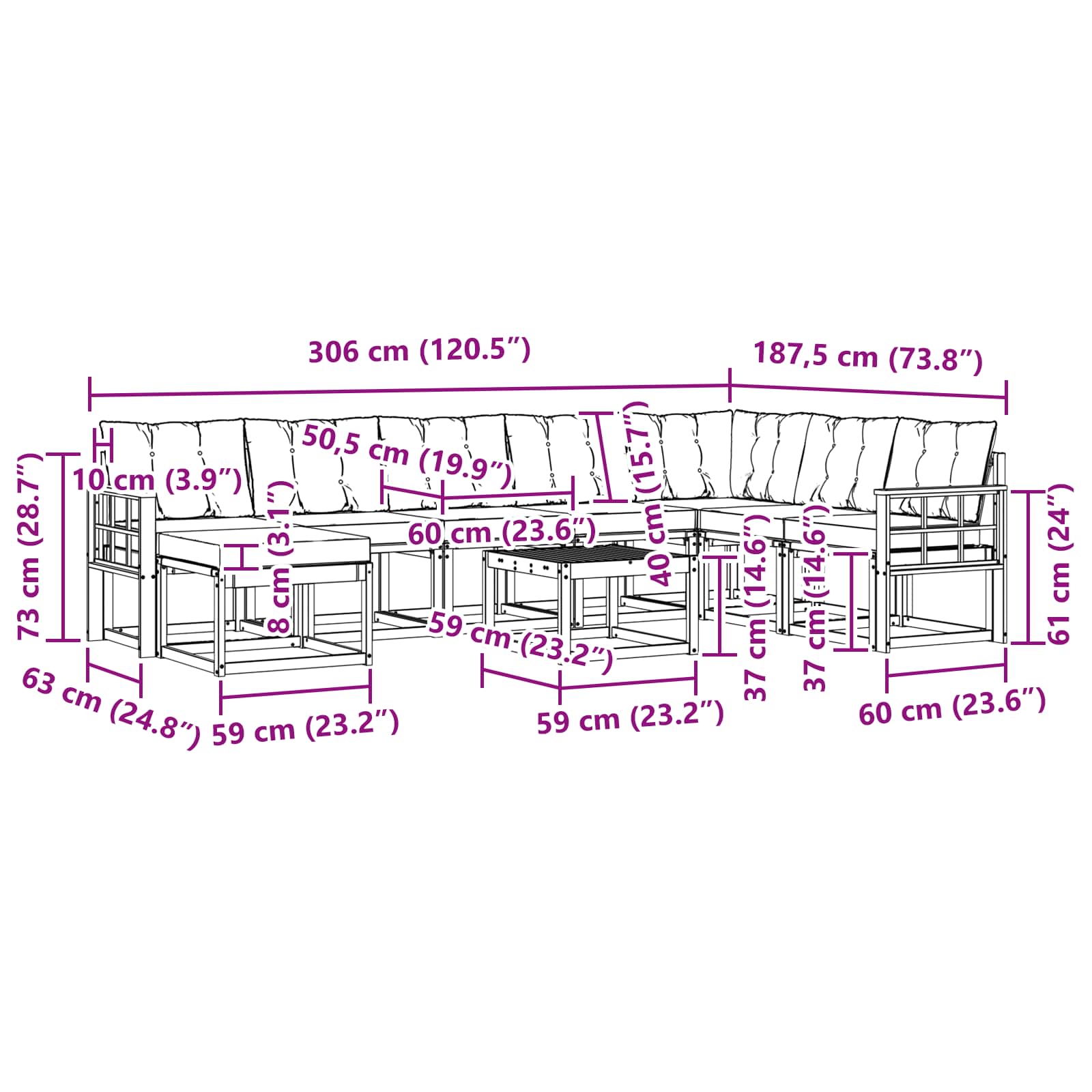 Set vanjskih sofa s jastukom 9 pcs Prirodna i crna
