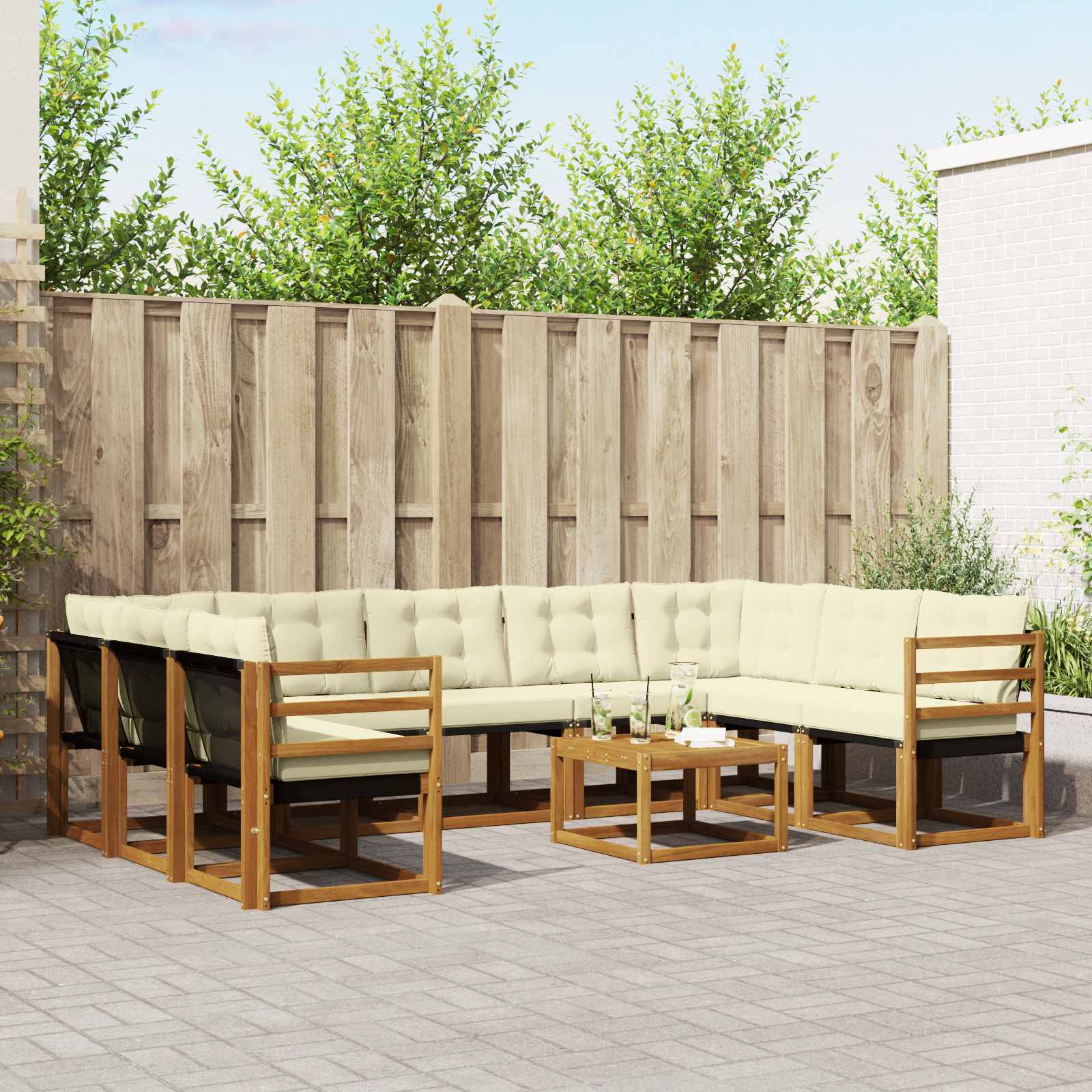Set vanjskih sofa 10 pcs Prirodna i krem Čvrsto drvo akacije