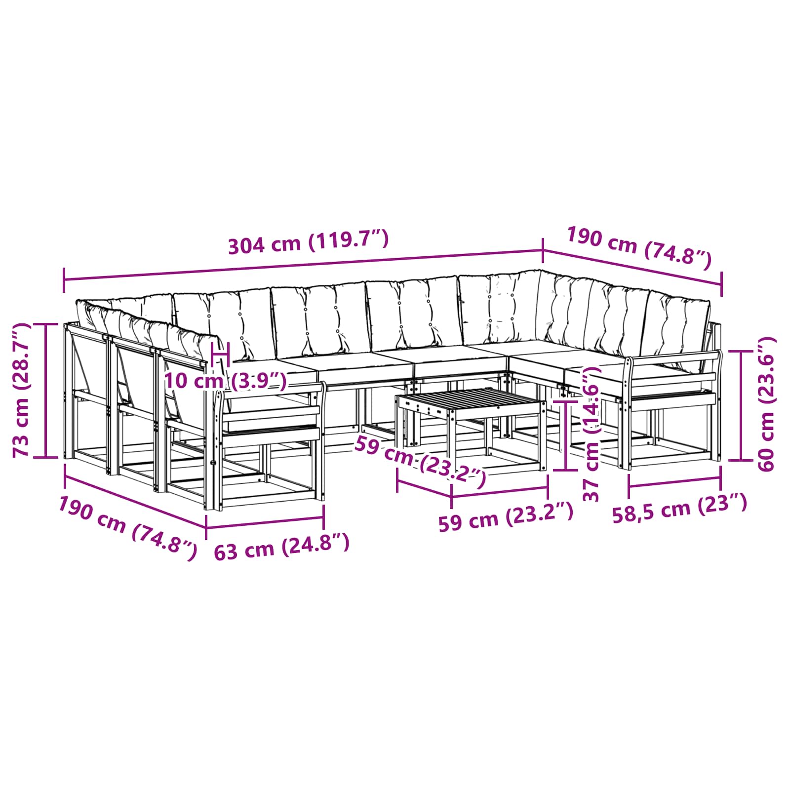 Set vanjskih sofa s jastukom 10 pcs Prirodna i svijetlo siva