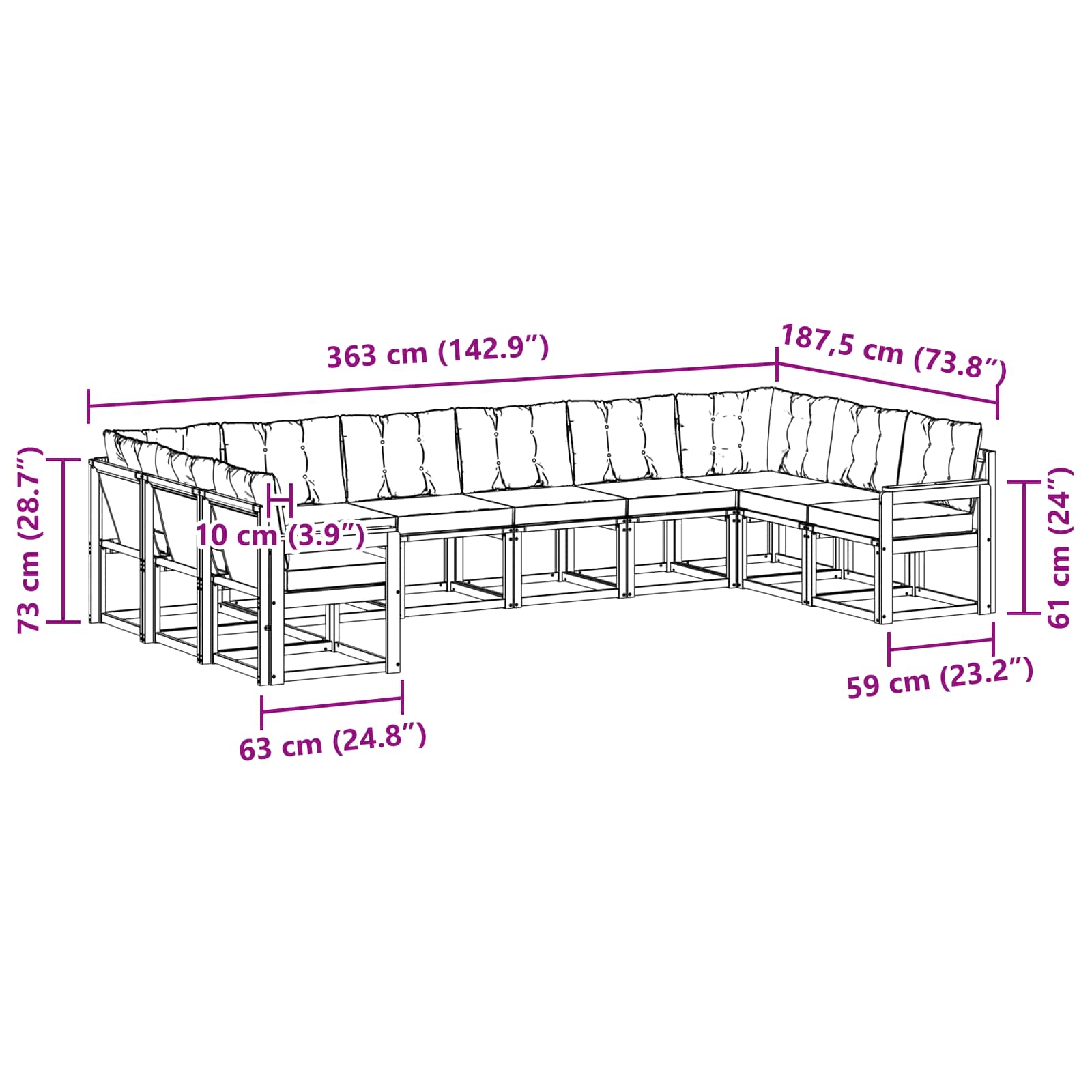 Set vanjskih sofa s jastukom 10 pcs Prirodna i svijetlo siva