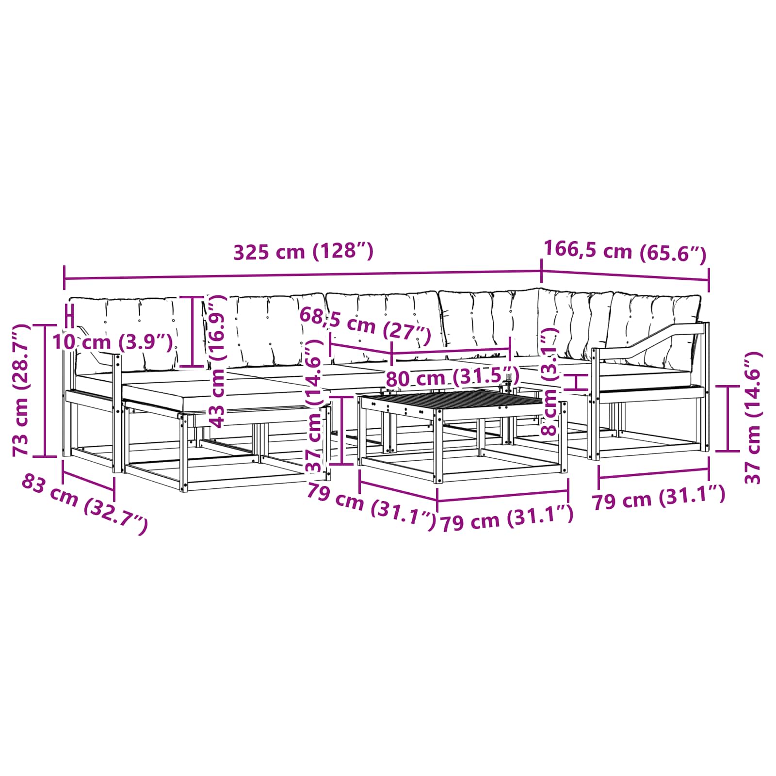Set vanjskih sofa 19 pcs Prirodna i bež Čvrsto drvo akacije