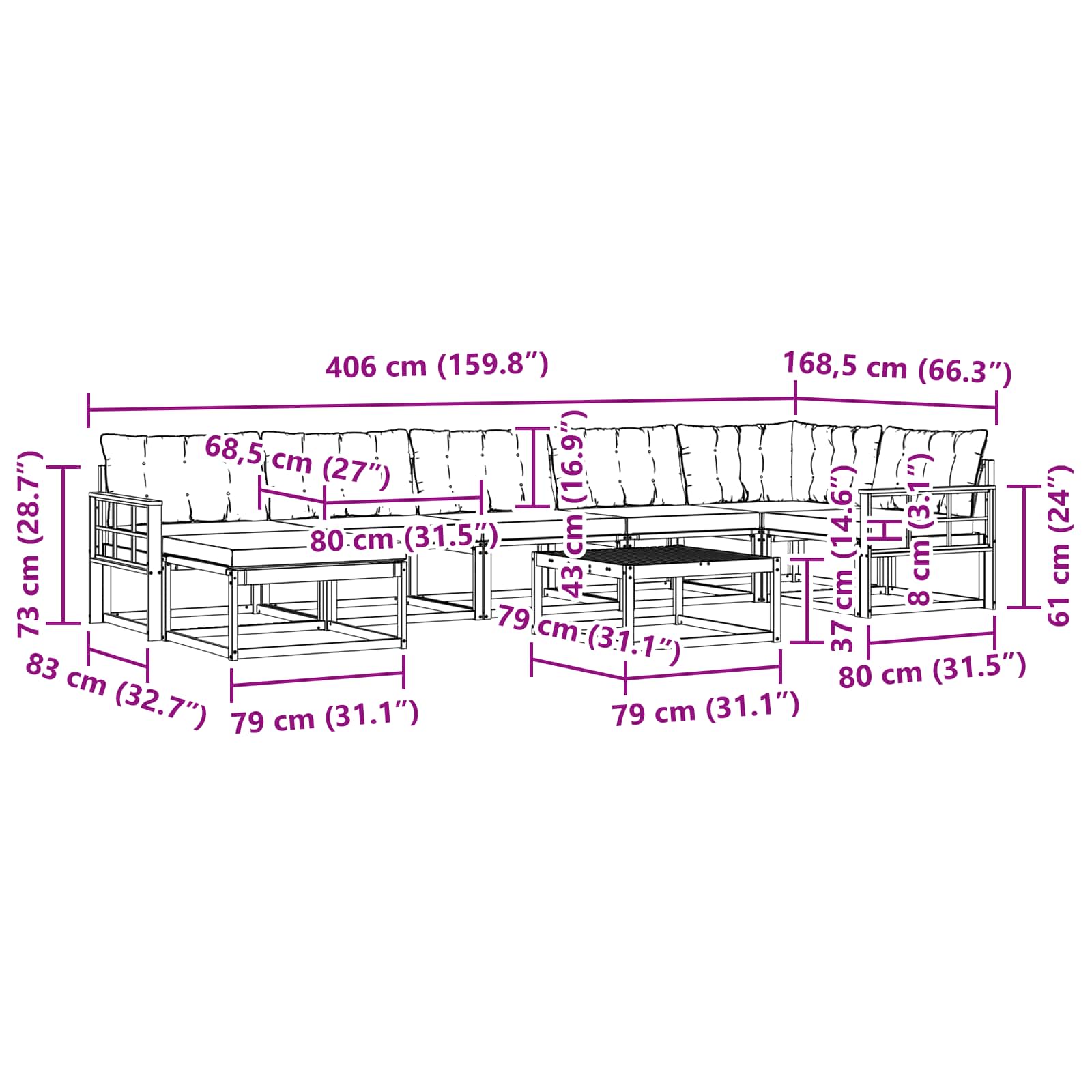 Set vanjskih sofa 22 pcs Prirodna i crna Čvrsto drvo akacije