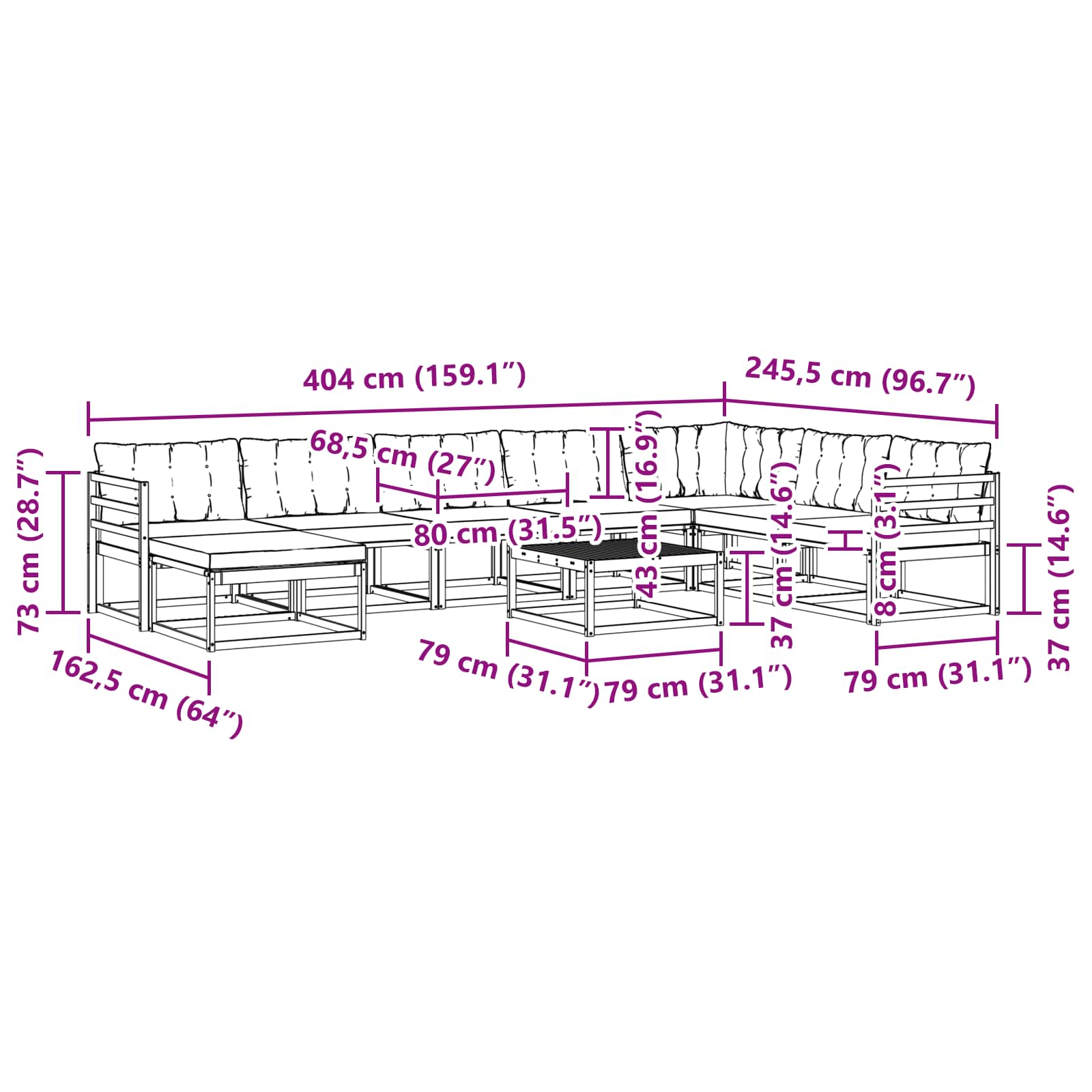 Set vanjskih sofa 9 pcs Prirodna i crna Čvrsto drvo akacije