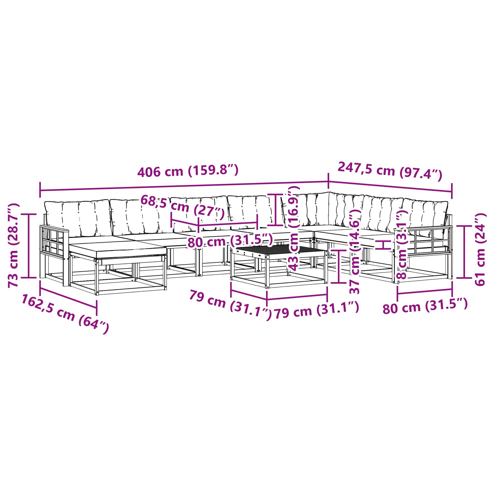 Set vanjskih sofa 9 pcs Prirodna i krem Čvrsto drvo akacije