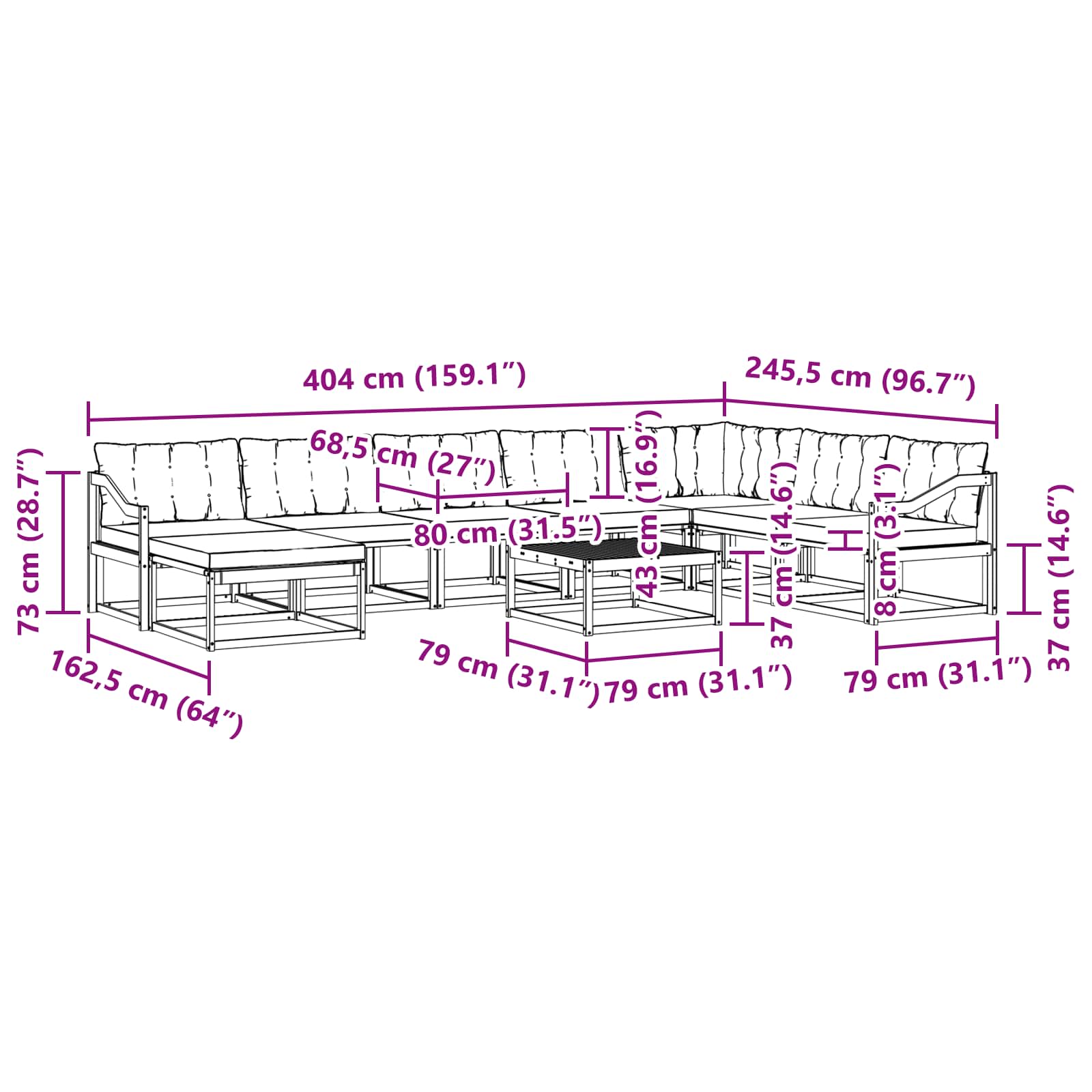 Set vanjskih sofa 9 pcs Prirodna i bež Čvrsto drvo akacije