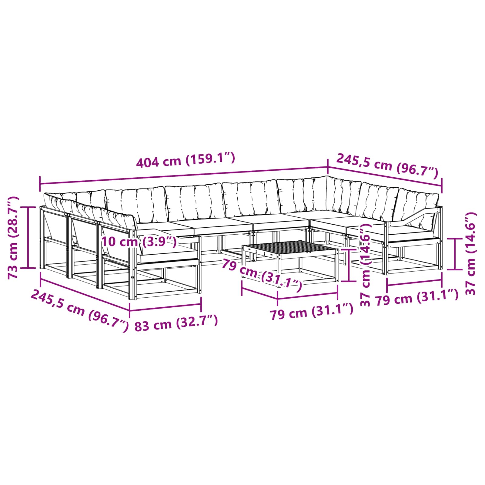 Set vanjskih sofa s jastukom 10 pcs Prirodna i crna