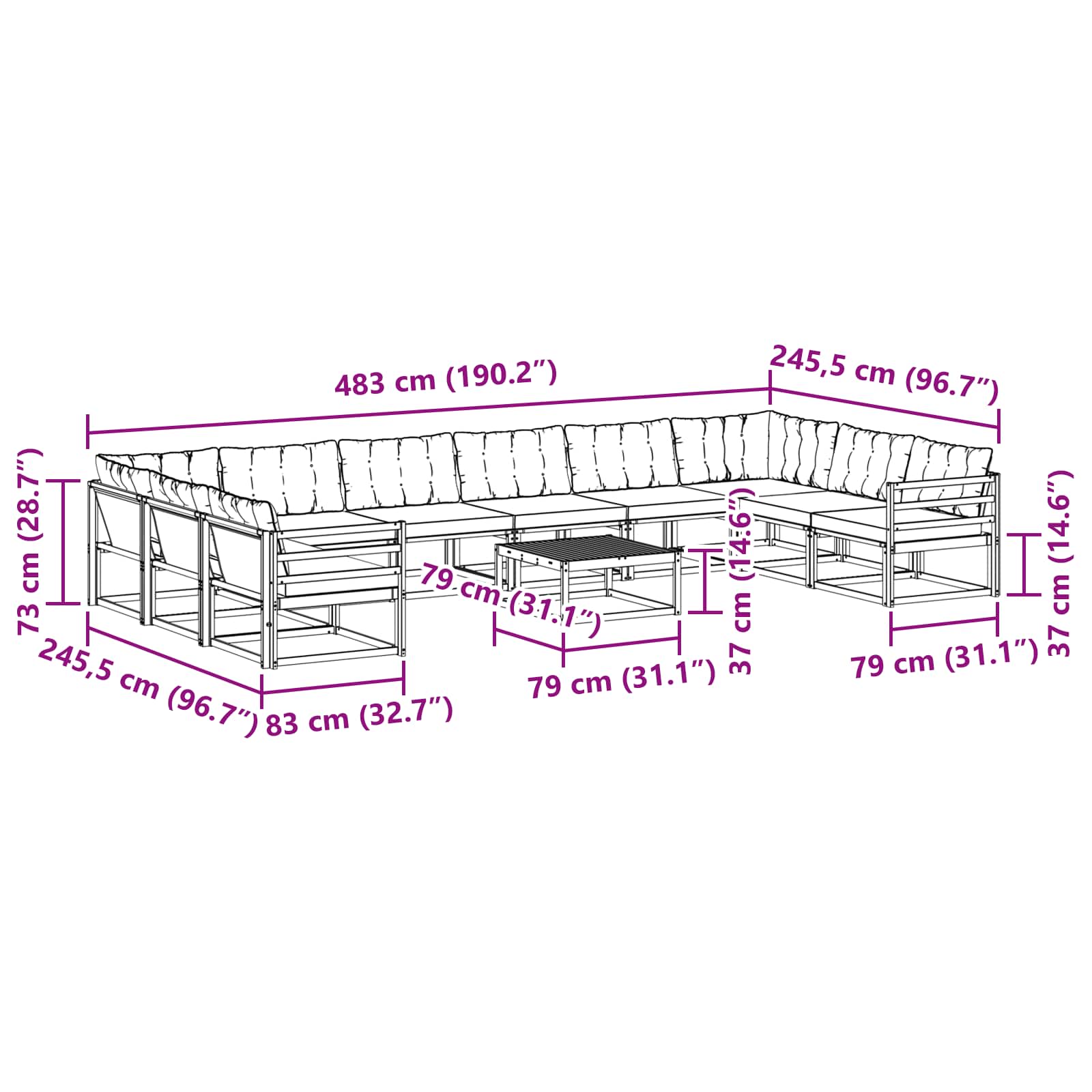 Set vanjskih sofa s jastukom 11 pcs Prirodna i svijetlo siva