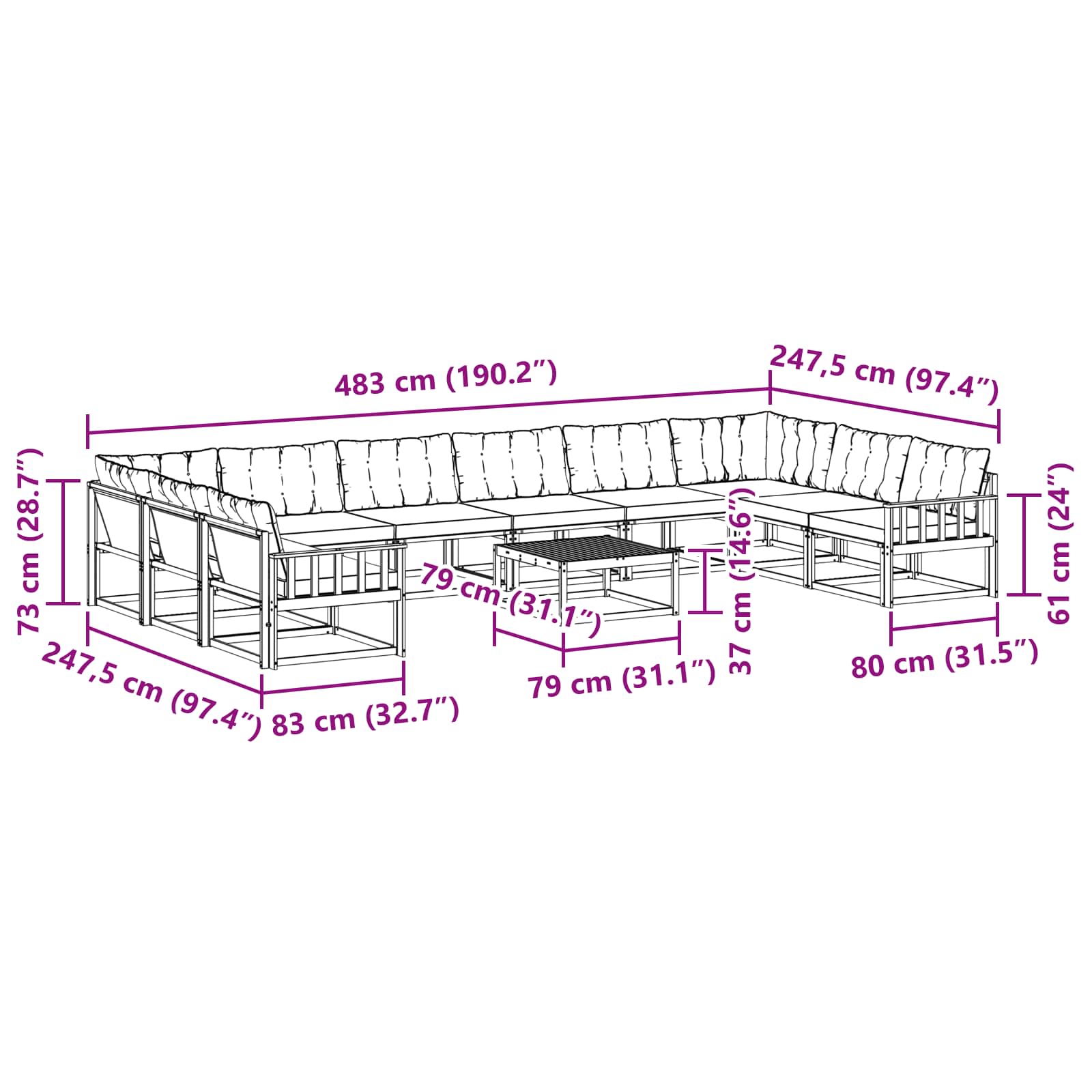 Set vanjskih sofa s jastukom 11 pcs Prirodna i bež