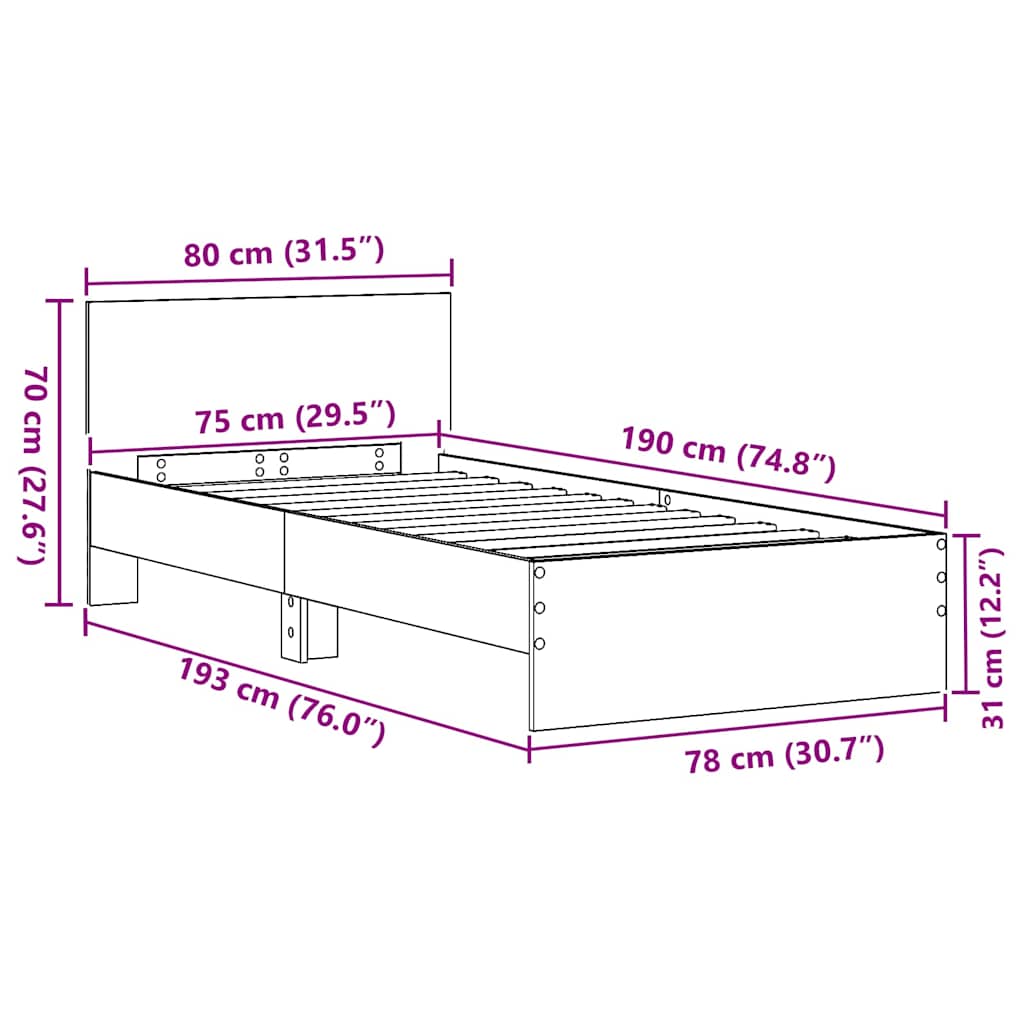 Krevetna konstrukcija s uzglavljem Umjetnički hrast 75 x 190 cm