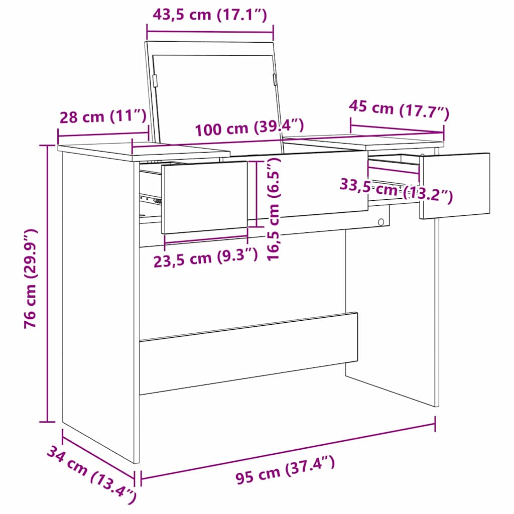 Kozmetički stol s ladicama Umjetnički hrast 100 x 45 x 76 cm