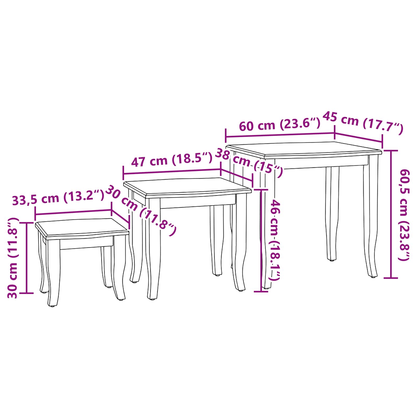 Nesting bočni stolovi 3 pcs Prirodna Čvrsto mahagonijsko drvo