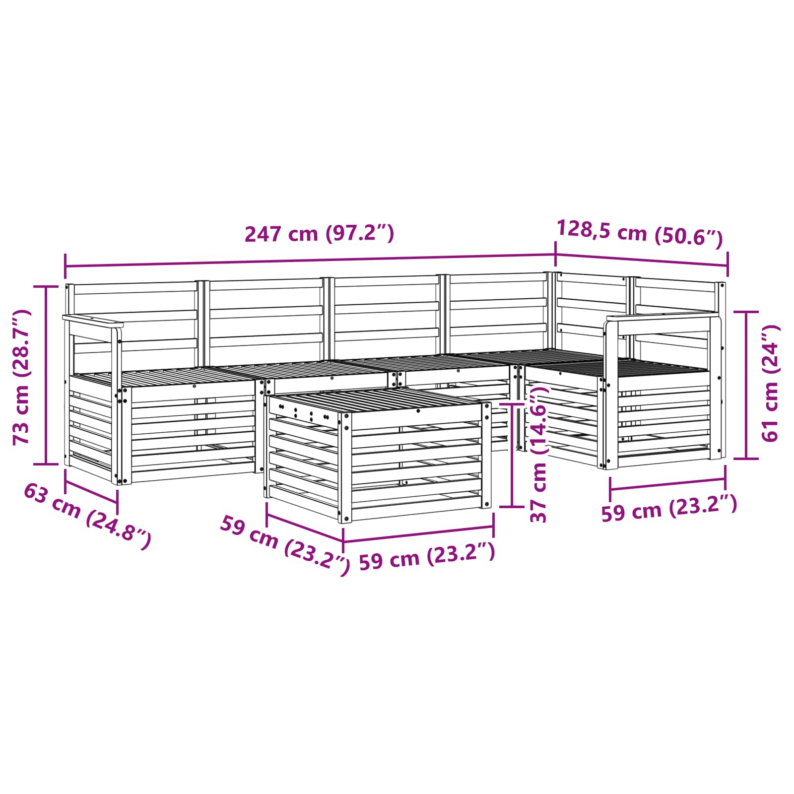 Sekcijska garnitura 6 pcs Prirodna Čvrsto drvo akacije