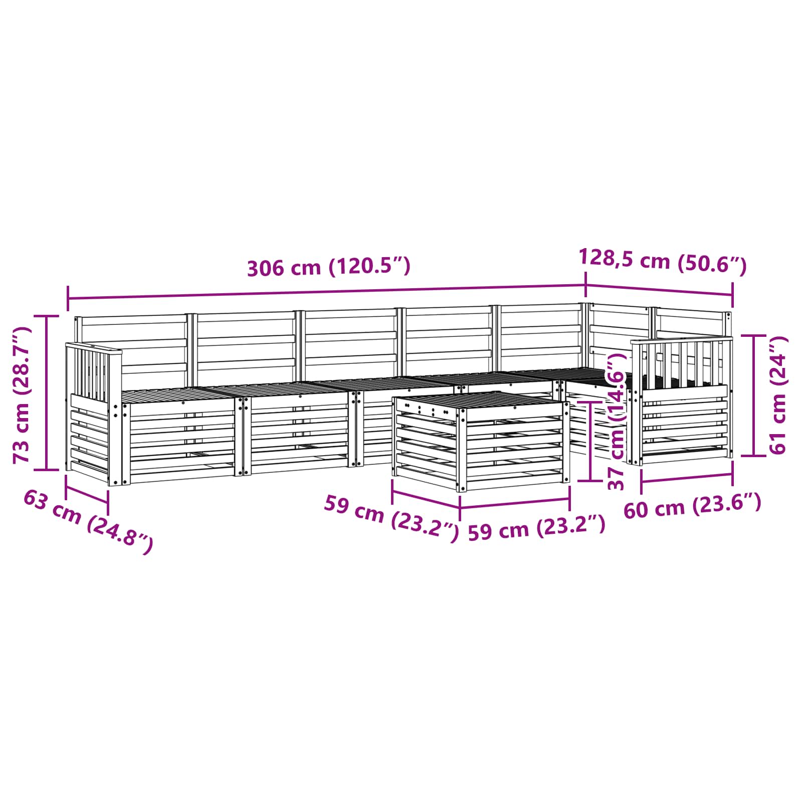 Sekcijska garnitura 7 pcs Prirodna Čvrsto drvo akacije