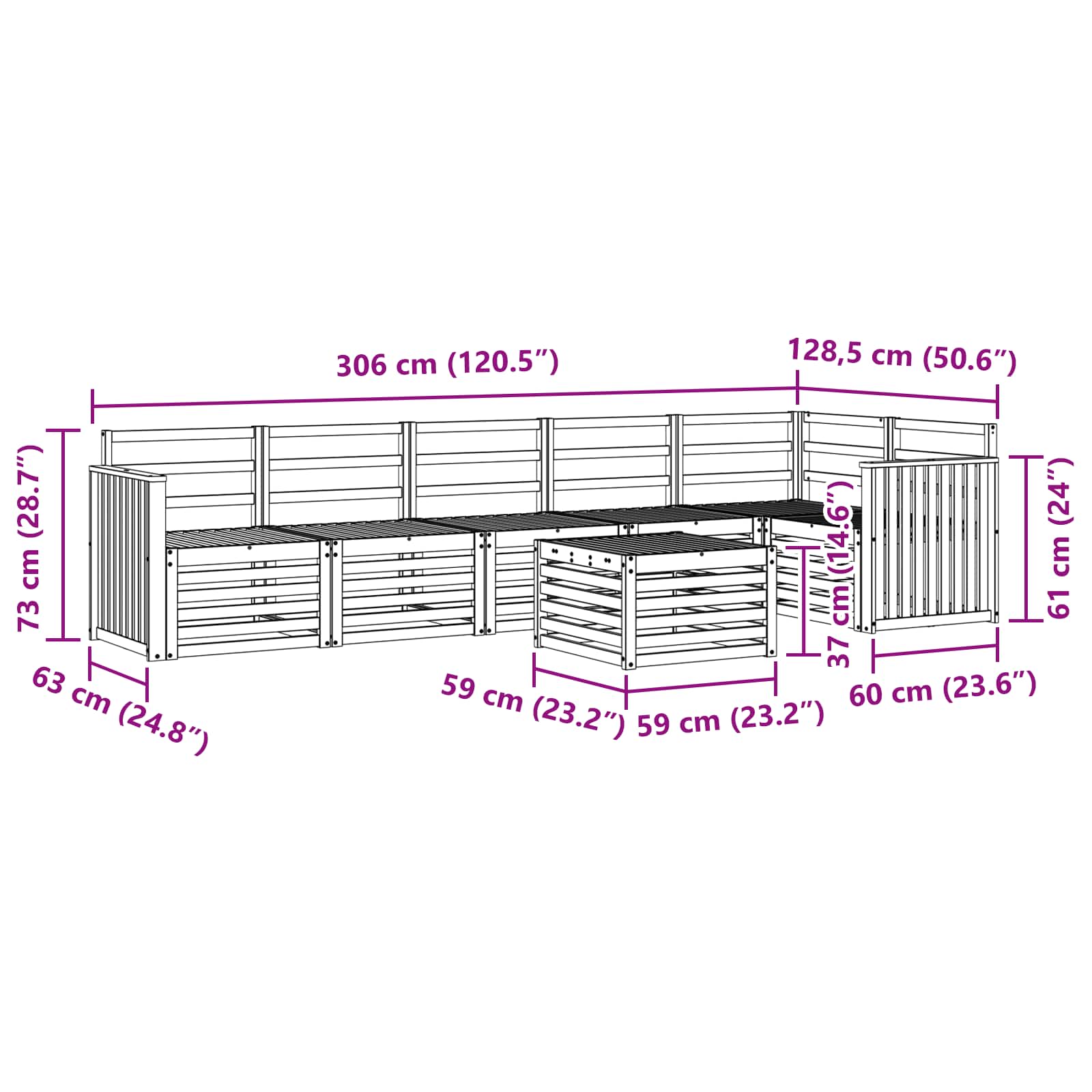 Sekcijska garnitura 7 pcs Prirodna Čvrsto drvo akacije