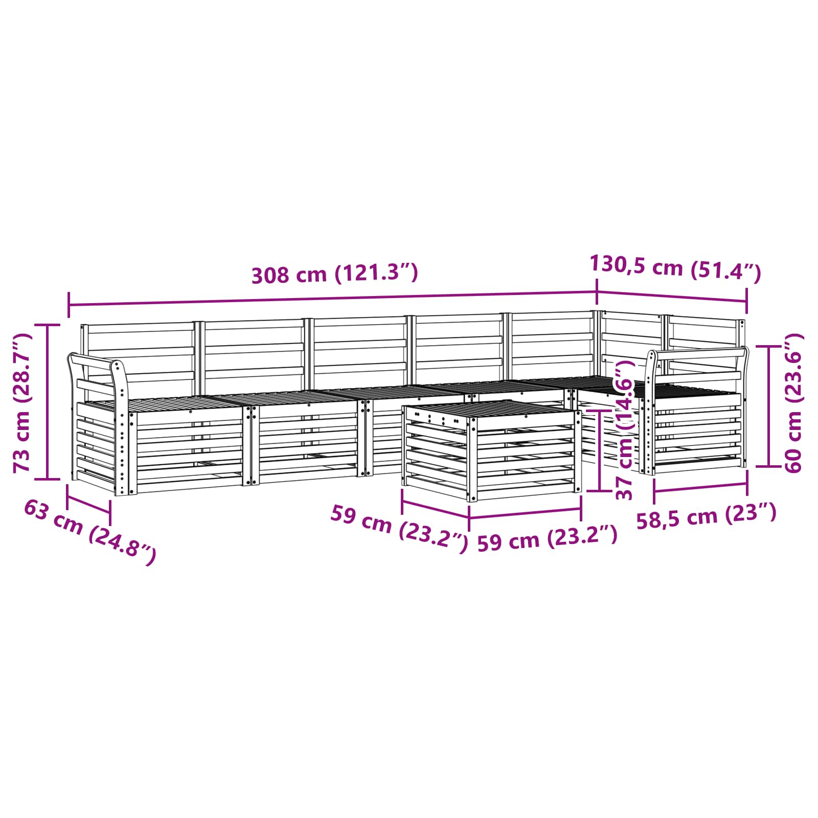 Sekcijska garnitura 7 pcs Prirodna Čvrsto drvo akacije