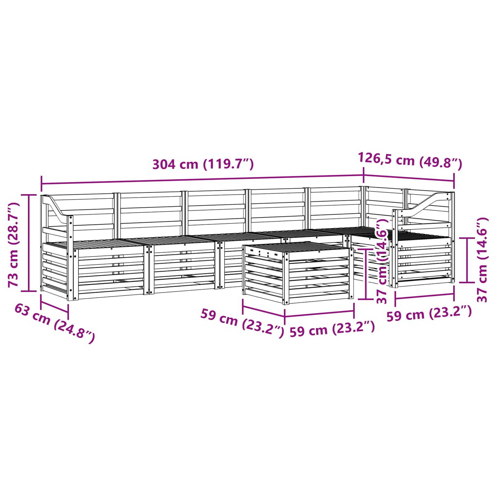 Sekcijska garnitura 7 pcs Prirodna Čvrsto drvo akacije