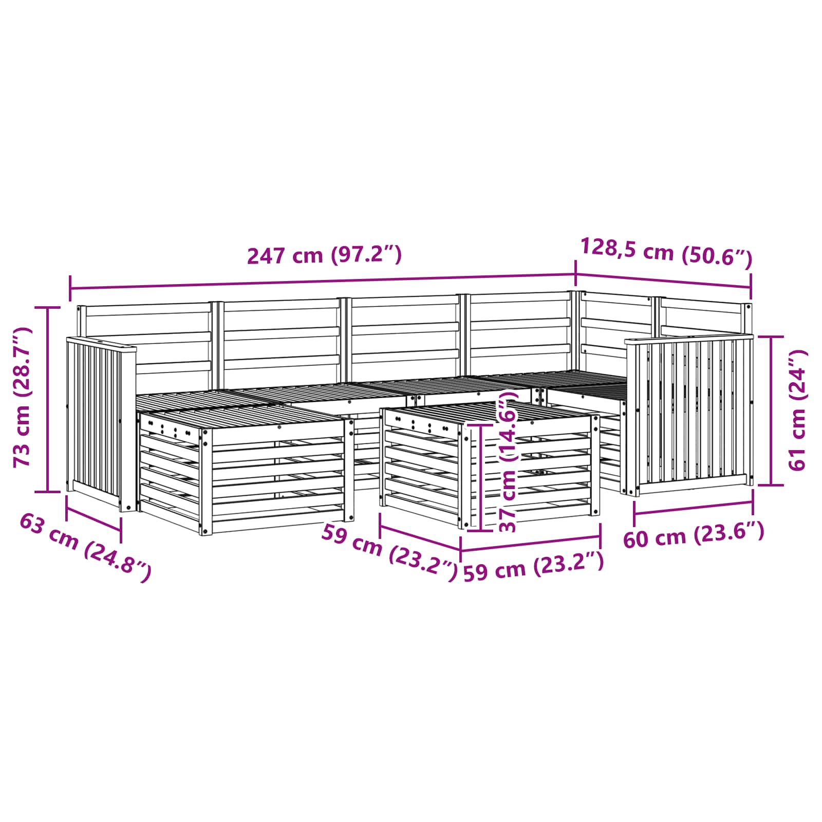 Sekcijska garnitura 7 pcs Prirodna Čvrsto drvo akacije