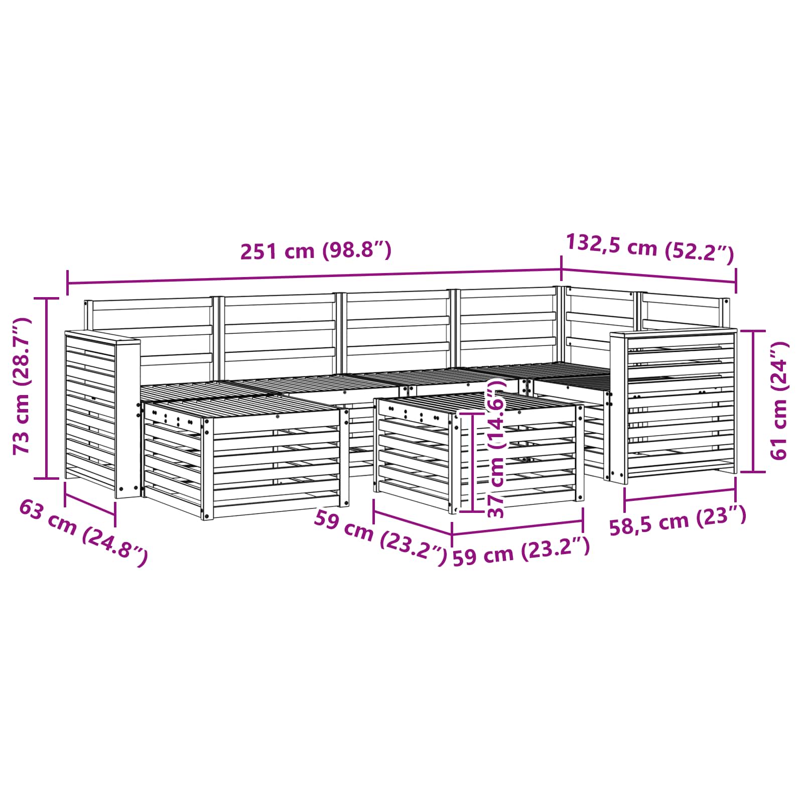 Sekcijska garnitura 7 pcs Prirodna Čvrsto drvo akacije