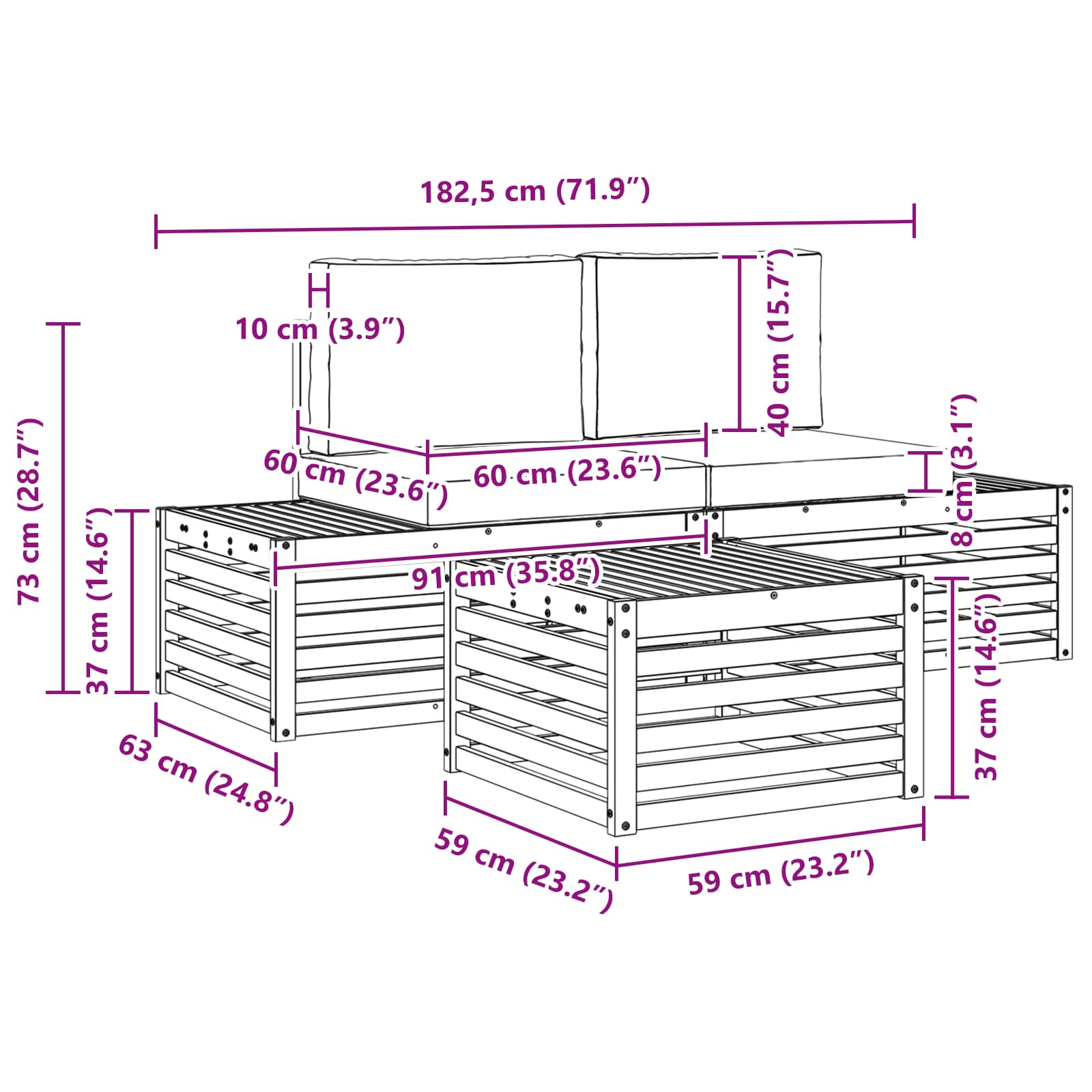 Set vanjskih sofa s jastukom Prirodna i bež 59 x 59 x 37 cm