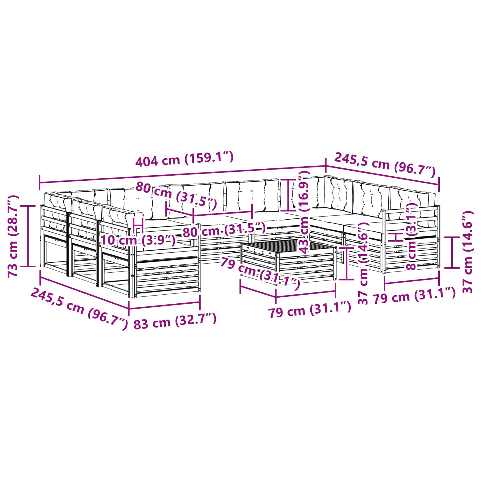 Set vanjskih sofa 10 pcs Prirodna i krem Čvrsto drvo akacije