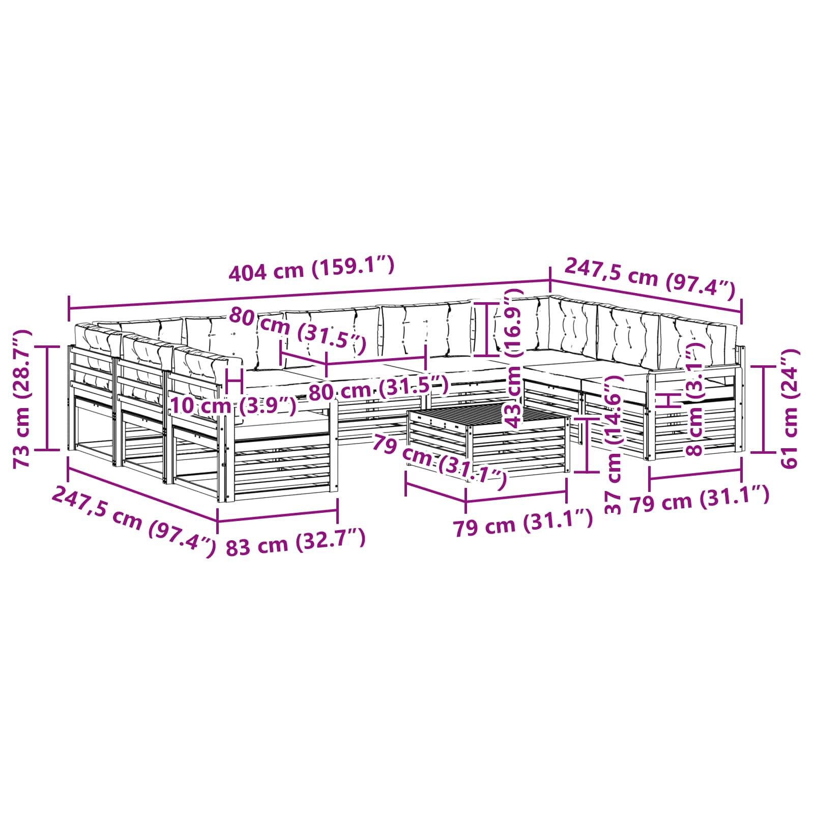 Set vanjskih sofa 10 pcs Prirodna i krem Čvrsto drvo akacije