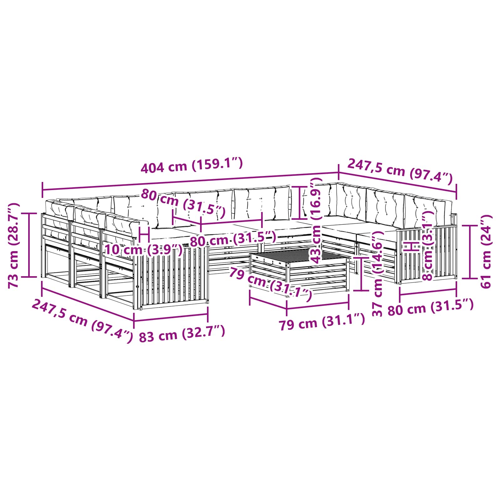 Set vanjskih sofa 10 pcs Prirodna i krem Čvrsto drvo akacije