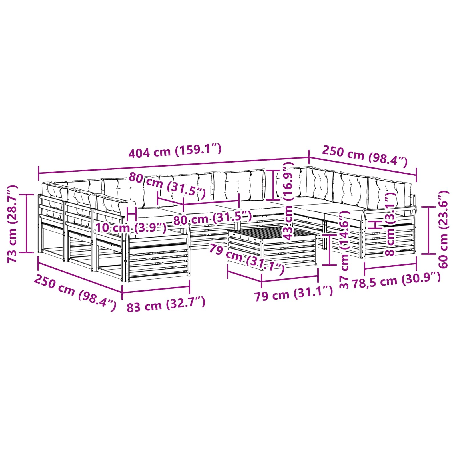 Set vanjskih sofa 10 pcs Prirodna i bež Čvrsto drvo akacije