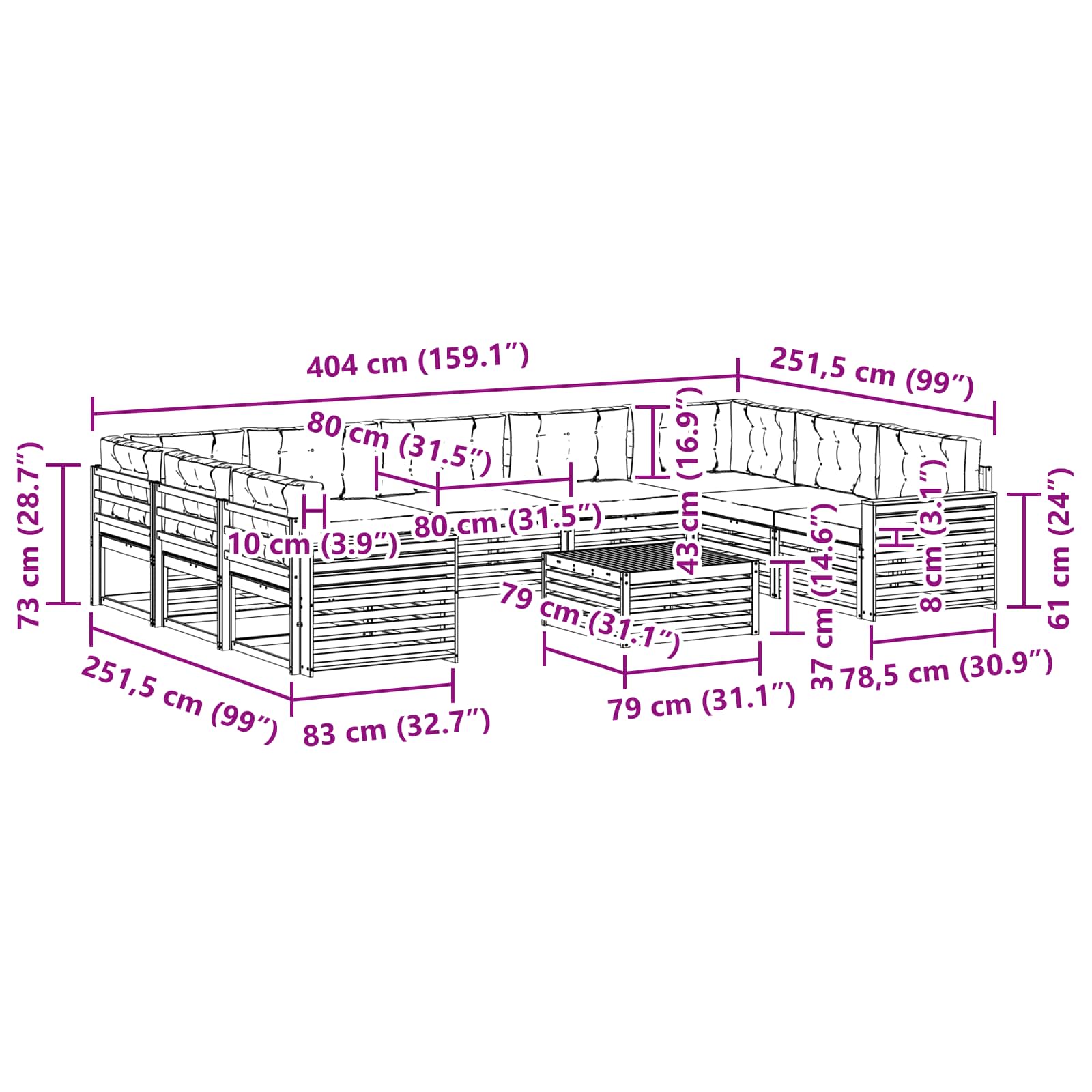 Set vanjskih sofa 10 pcs Prirodna i krem Čvrsto drvo akacije