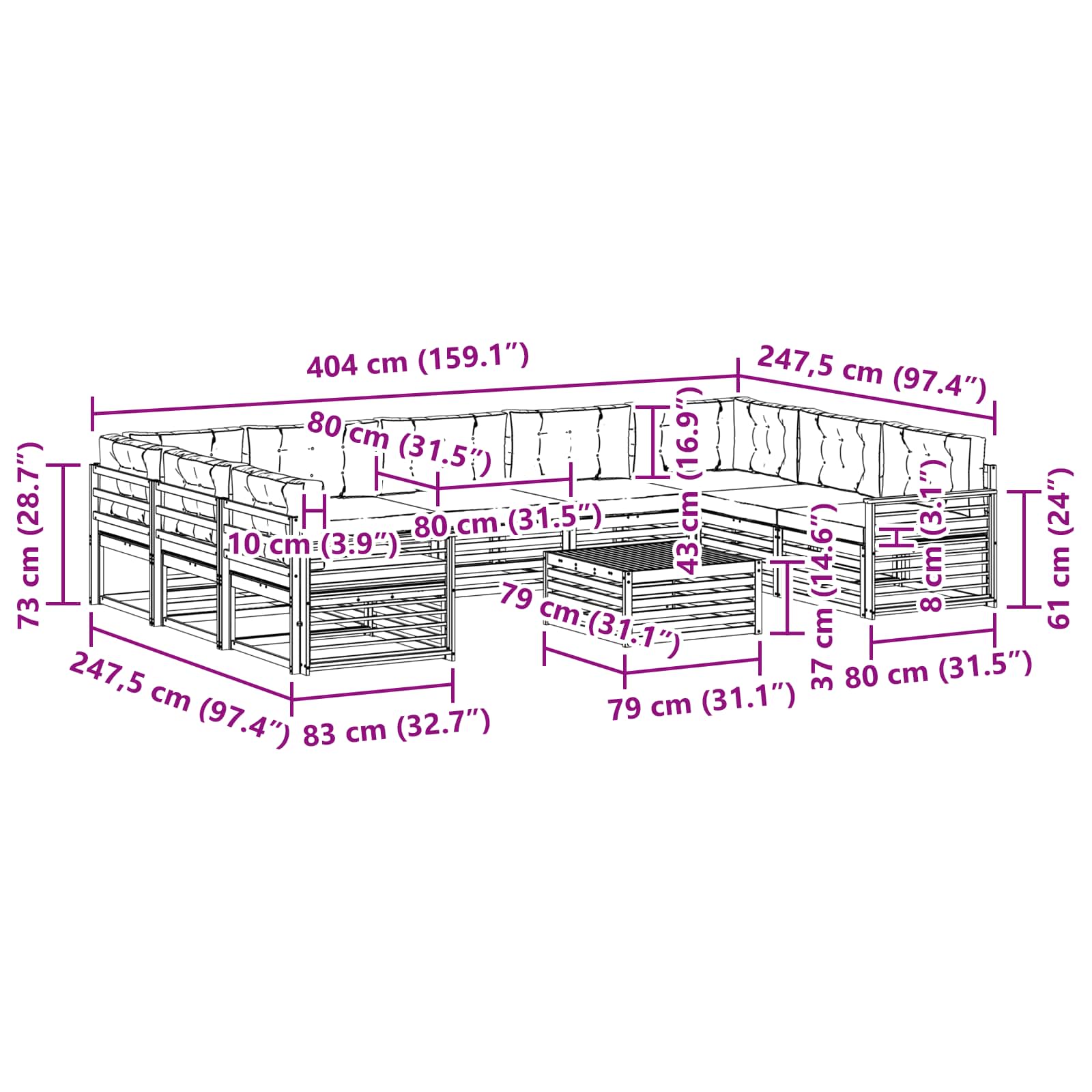 Set vanjskih sofa 10 pcs Prirodna i bež Čvrsto drvo akacije