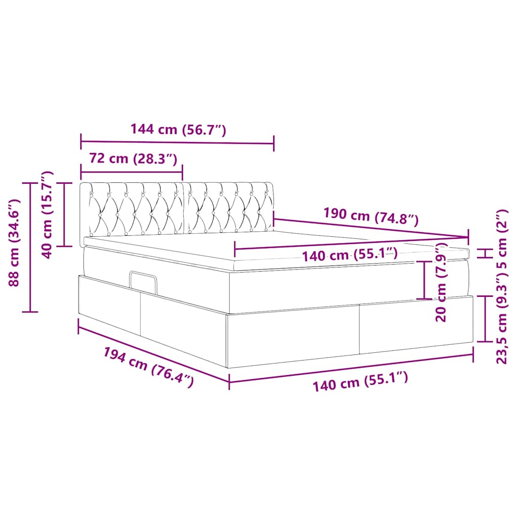 Krevet s od storage s madracem Crna 140 x 190 cm Baršun