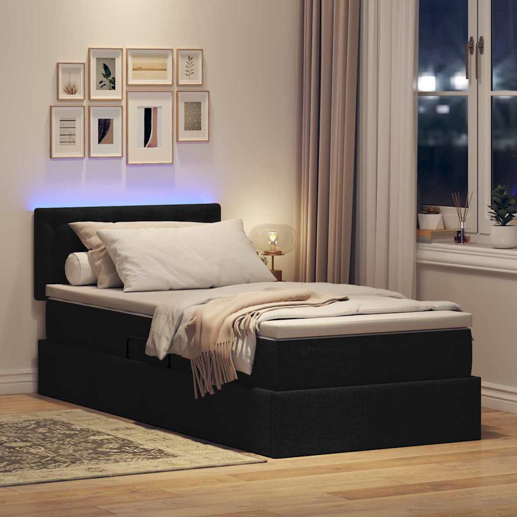 Krevet s prostorom za pohranu s LED-om Crna 90 x 200 cm tkanina