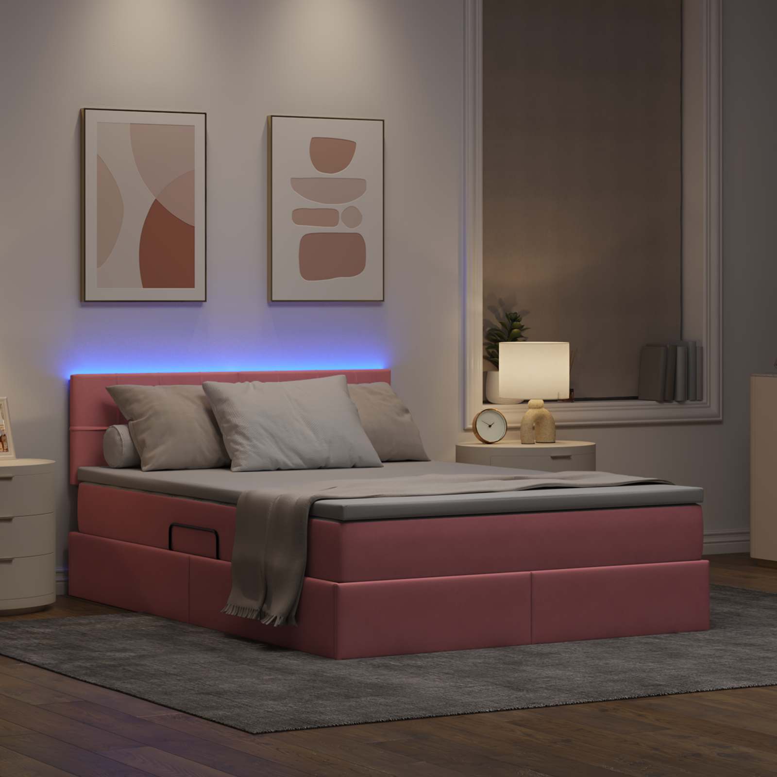 LED krevet za pohranu s madracem Ružičasta 140 x 190 cm Baršun