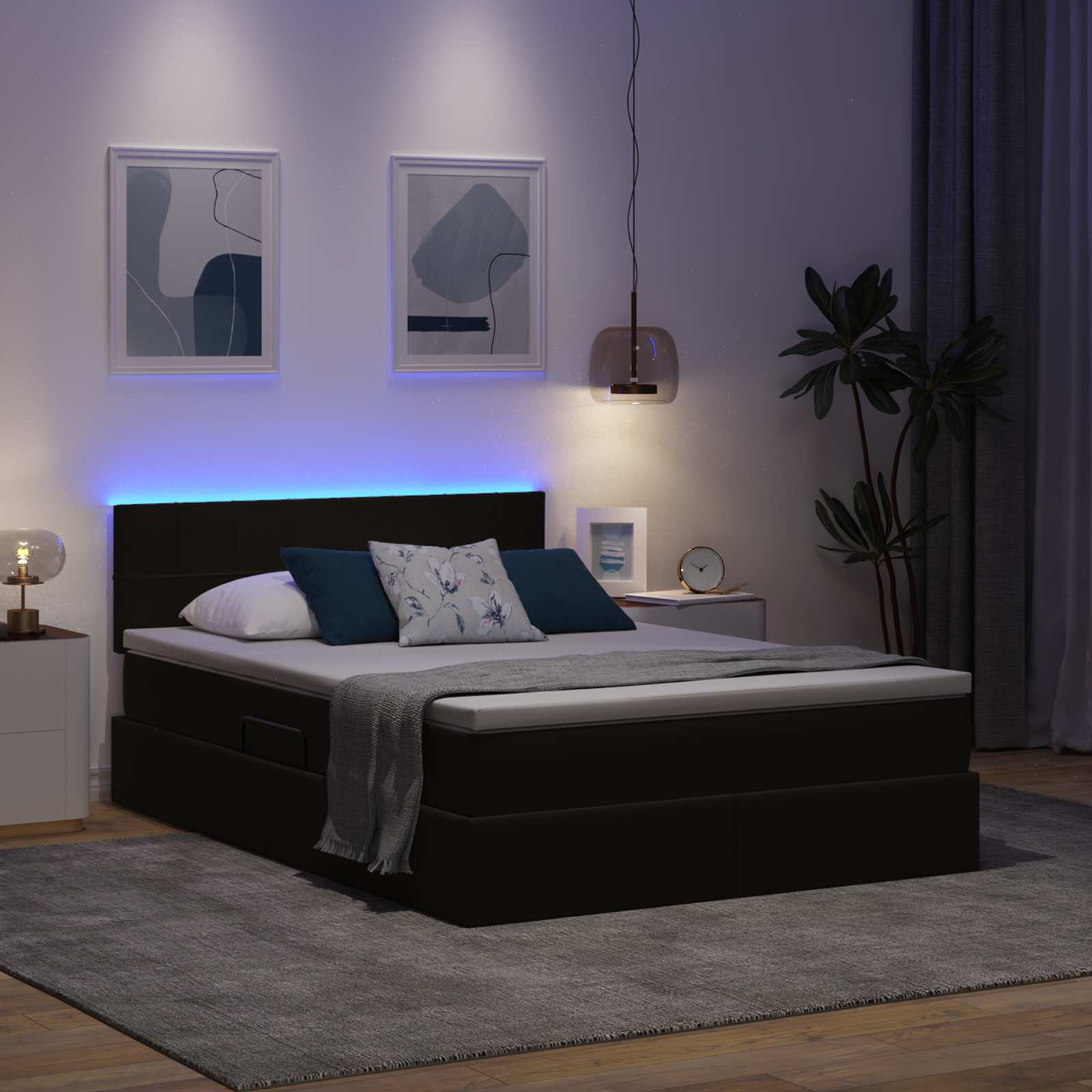 LED krevet za pohranu s madracem Crna 140 x 200 cm Baršun