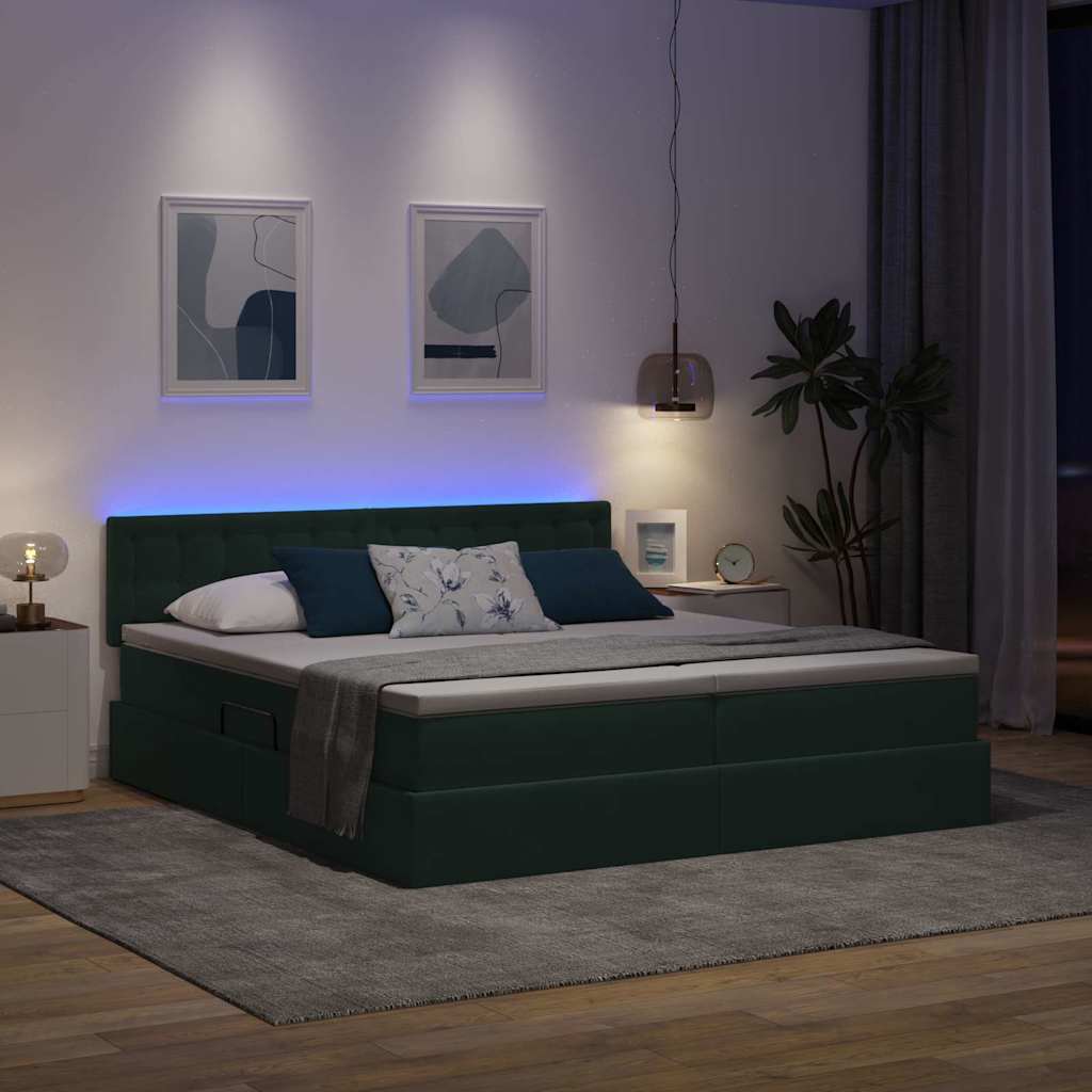 Krevet s LED trakama s pohranom Tamnozelena 200 x 200 cm Baršun