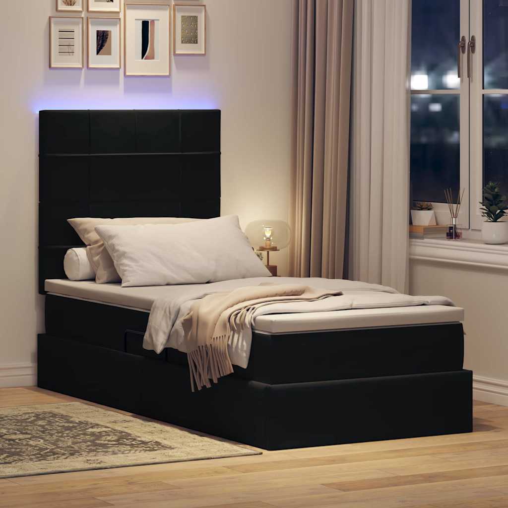 LED krevet za pohranu s madracem Crna 90 x 200 cm Baršun