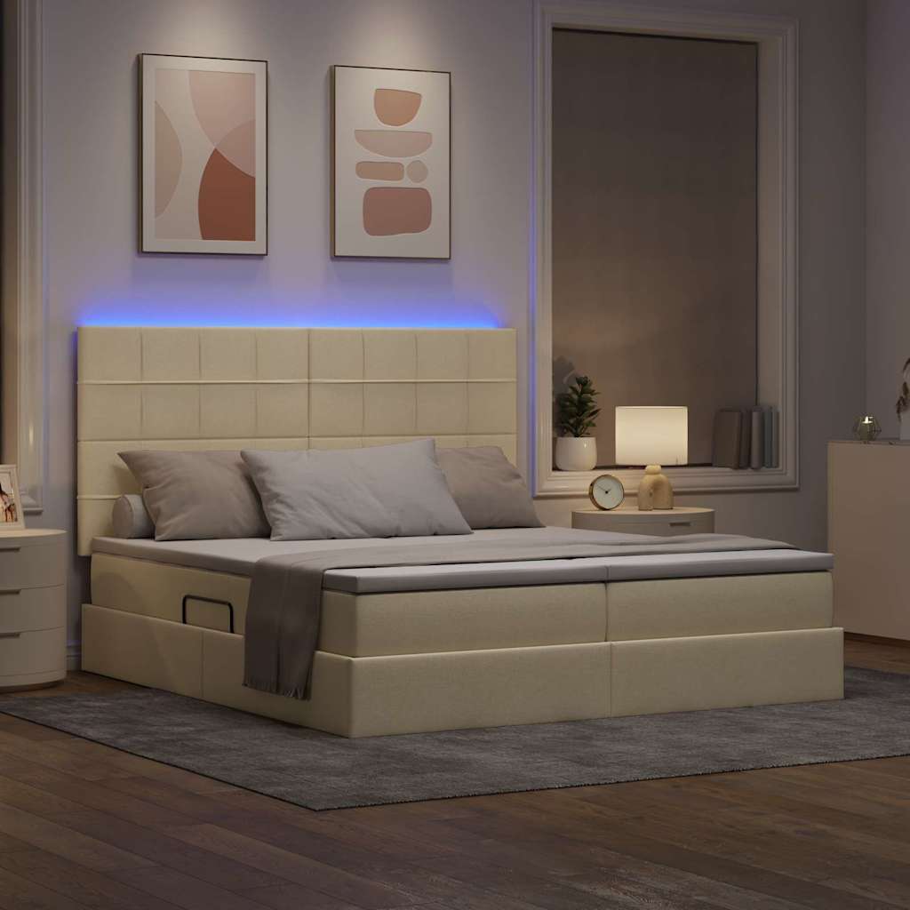 Krevet s LED trakama s uzglavljem Krema 200 x 200 cm tkanina
