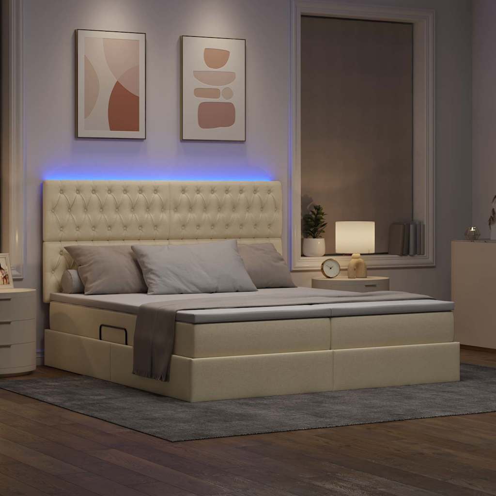 Krevet s LED trakama s uzglavljem Krema 200 x 200 cm tkanina