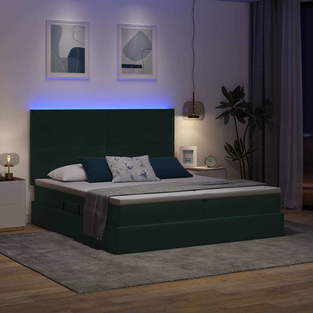 Krevet s LED trakama s pohranom Tamnozelena 200 x 200 cm Baršun