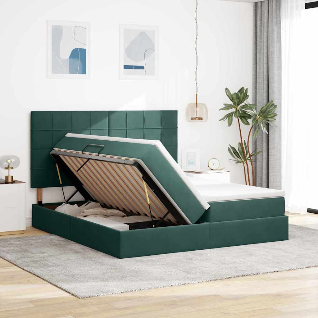 LED krevet za pohranu s madracem Tamnozelena 200 x 200 cm