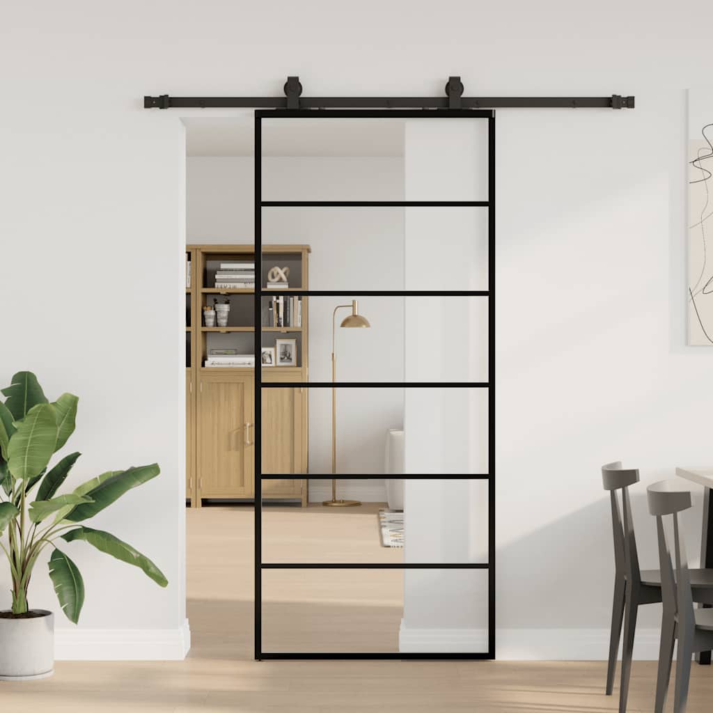Klizna vrata s priborom crna 90 x 205 cm od ESG stakla