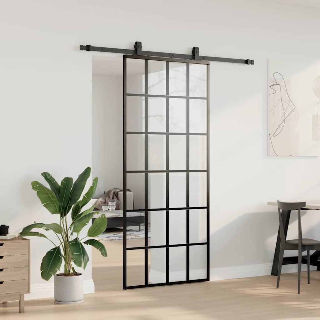 Klizna vrata s priborom crna 90 x 205 cm od ESG stakla