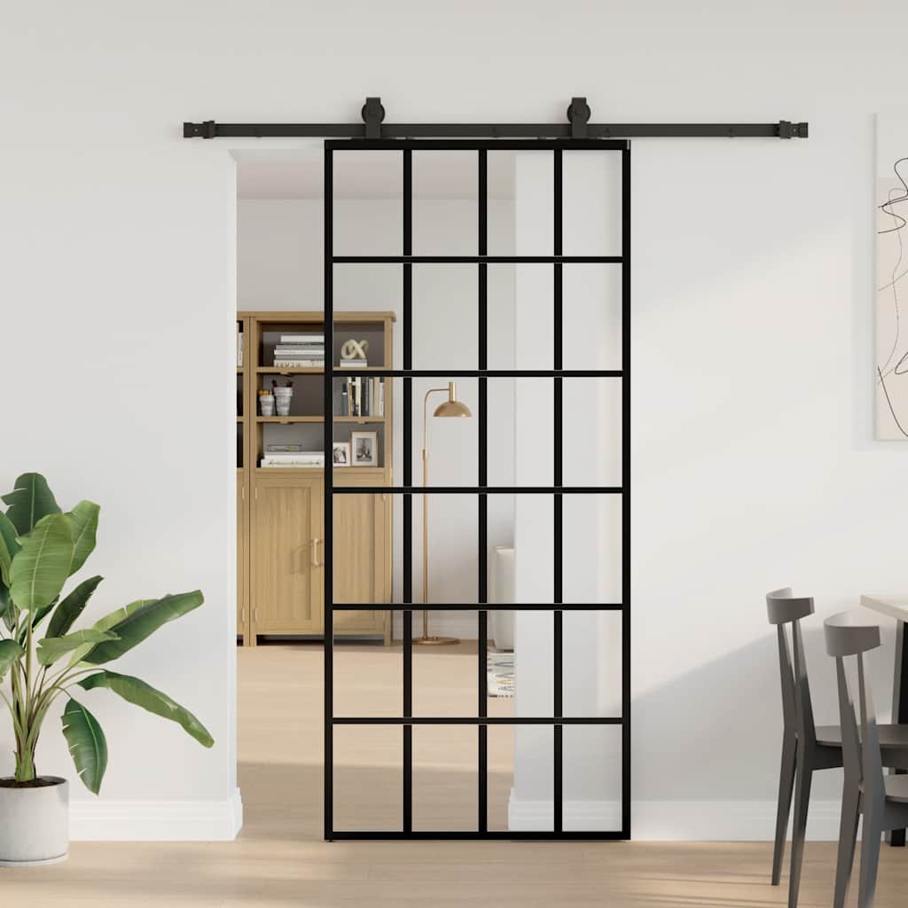 Klizna vrata s priborom crna 90 x 205 cm od ESG stakla
